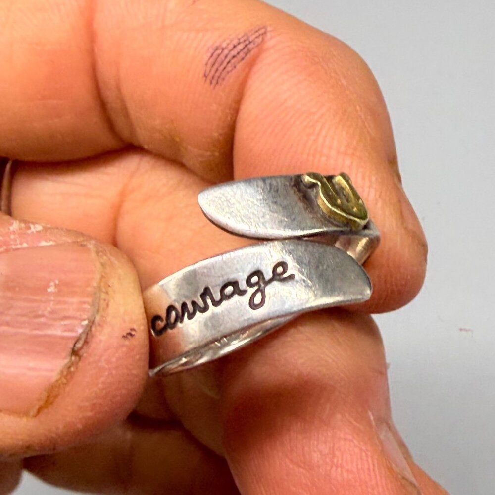 Sterling Silver "Courage" Far Fetched wrap Ring Gold-Tone Heart Accent Etched De - Picture 4 of 7